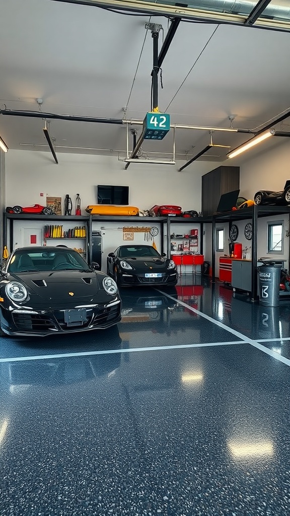 A modern garage workspace with two black sports cars, polished epoxy flooring, and organized tools.