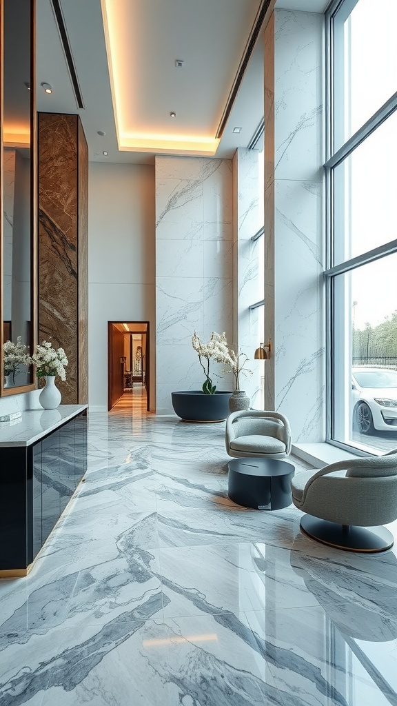 A luxurious hallway featuring stunning veined marble flooring with a mix of white and gray tones, adorned with elegant decor and furnishings.