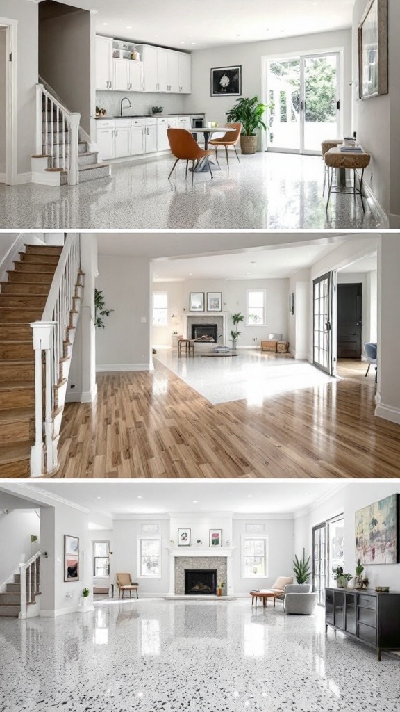 An interior showcasing epoxy flooring in a kitchen, living room, and spacious area with a fireplace.