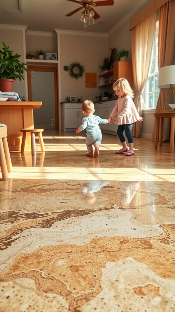 A collage showcasing various epoxy floor designs, including marble-like patterns, colorful swirls, and geometric layouts.