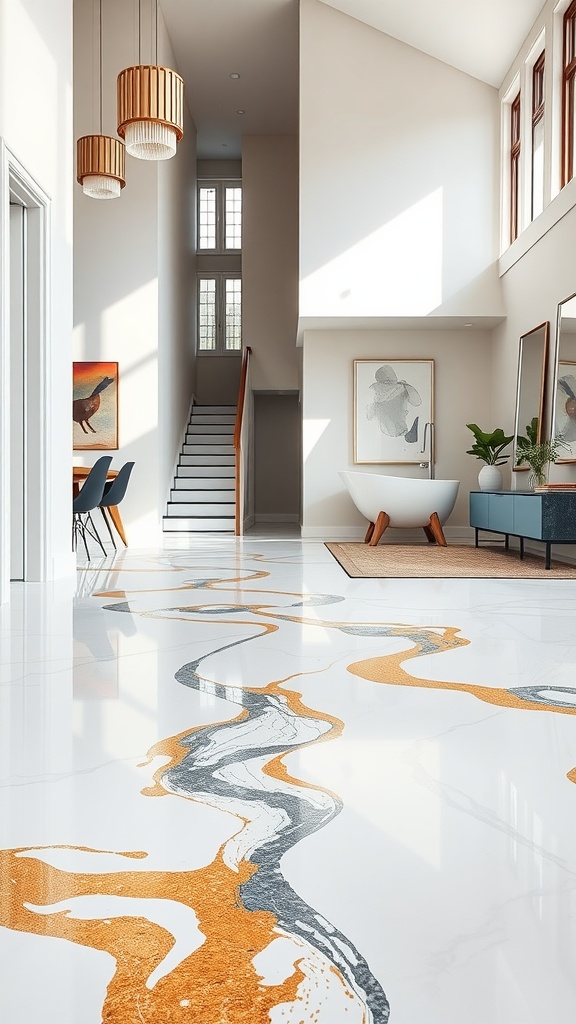 A spacious room featuring a vibrant abstract epoxy floor design with flowing patterns in orange, gray, and white.