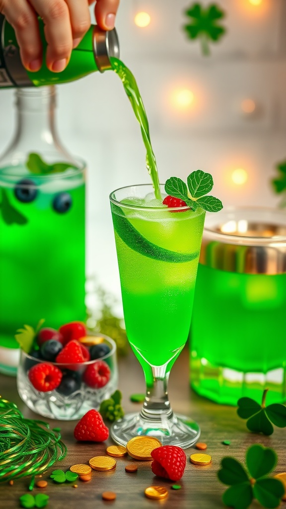 A vibrant green cocktail with berries and basil, perfect for St. Patrick's Day.