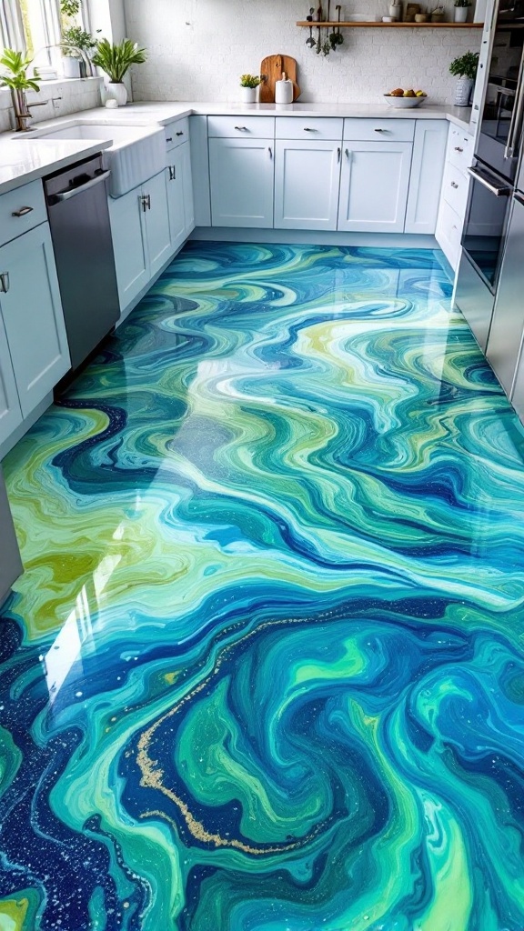 A kitchen with a beautifully designed floor featuring a vibrant blue and green swirl pattern.