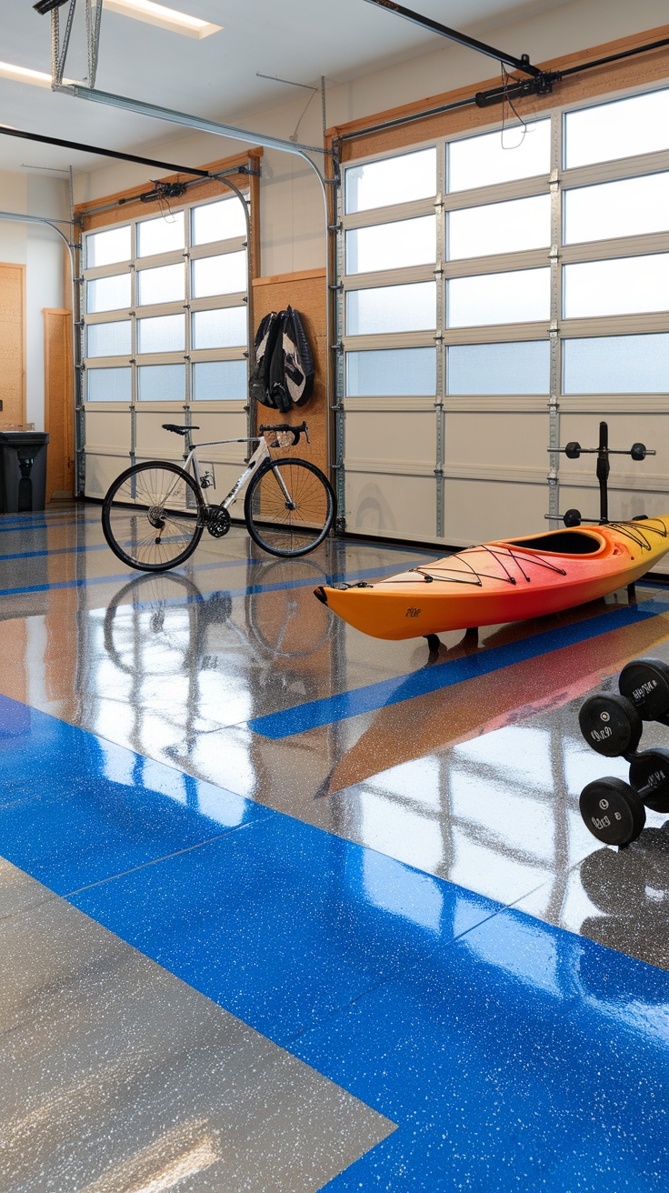 Stylish garage floor with blue and silver epoxy flake design, featuring a bicycle and kayak.