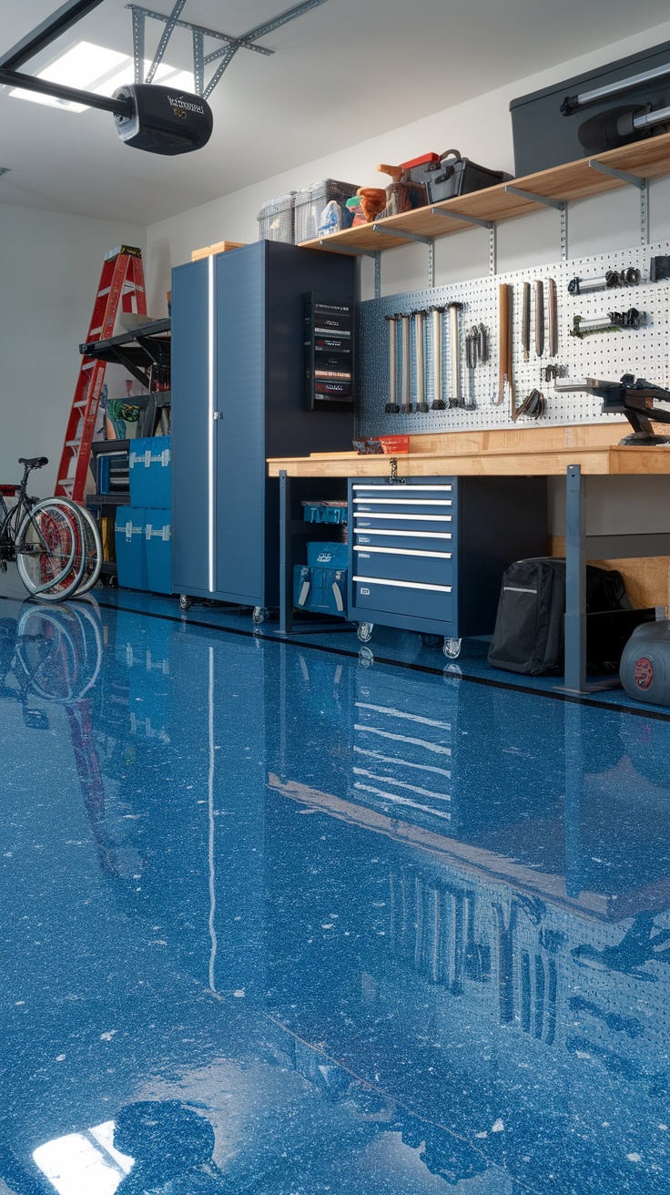 A garage with a shiny blue epoxy floor featuring white accents, organized tools, and blue storage cabinets.