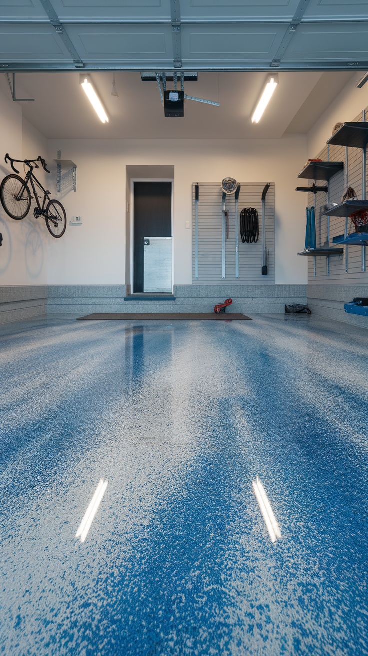 Epoxy floor with blue and white flake design in a garage