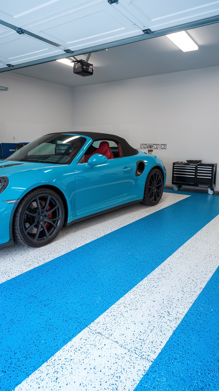 Garage floor with vibrant blue and white epoxy flake design, featuring a sleek car.