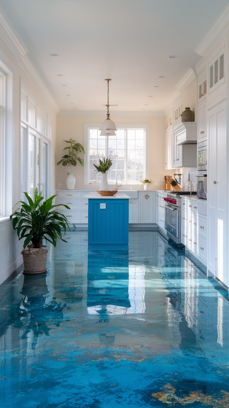 Kitchen with vibrant blue epoxy floor resembling the ocean
