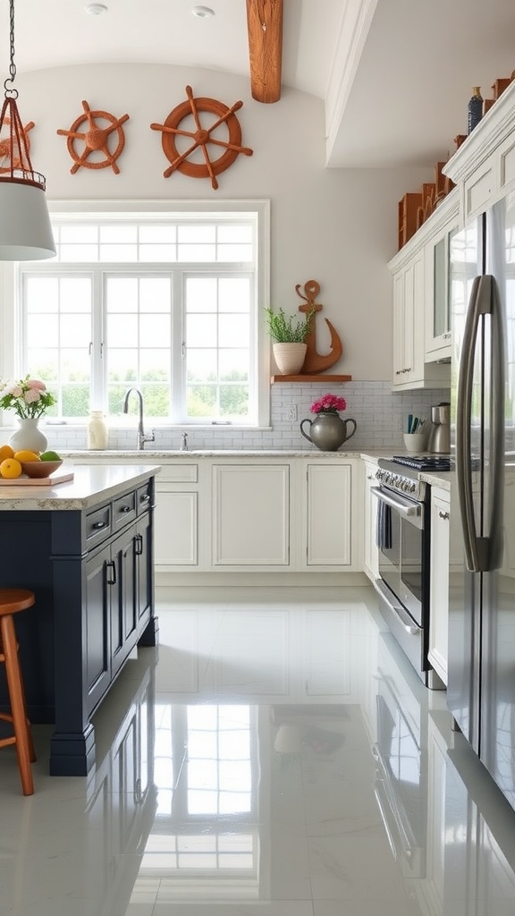 Modern kitchen with vibrant blue ocean-themed epoxy floor featuring a whale design and nautical elements.