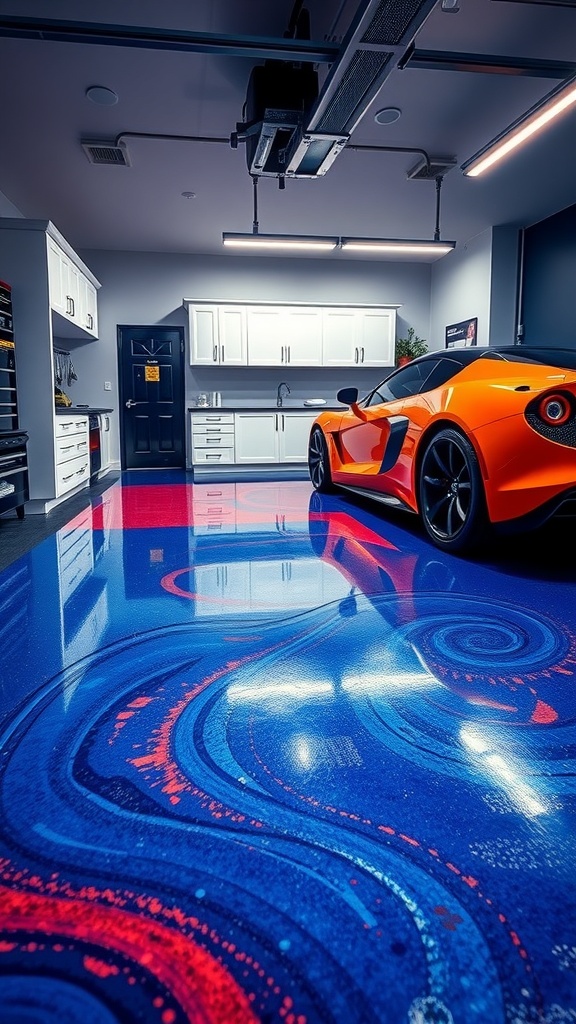 A stylish garage featuring a vibrant blue epoxy floor with swirling patterns and an orange sports car.