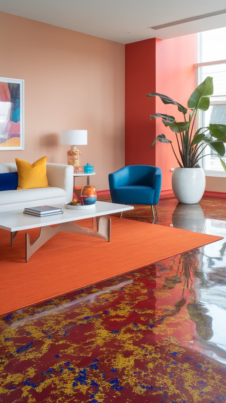 Stylish living room with vibrant epoxy flake floor and colorful decor.