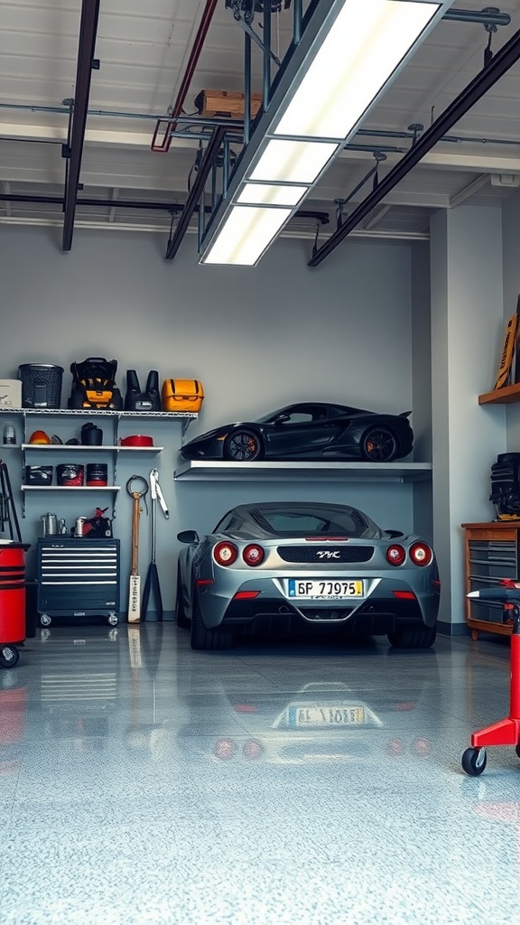 Colorful epoxy floor in a modern garage with cars and tools