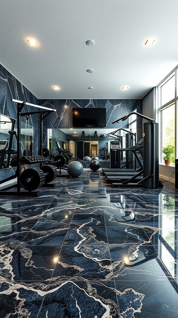 A vibrant gym with colorful epoxy flooring featuring geometric patterns in blue, red, orange, and yellow.