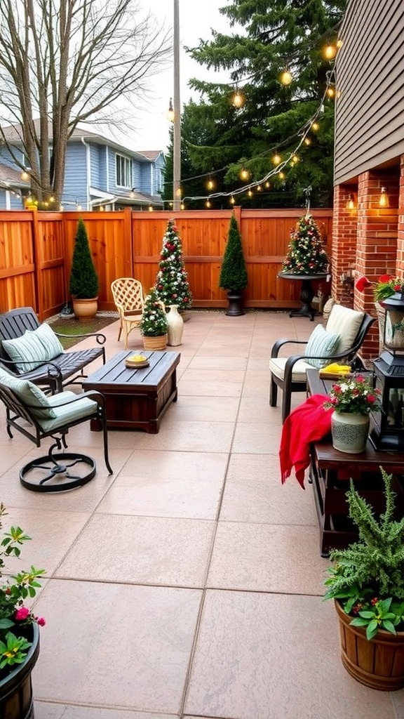 A vibrant colored epoxy patio with seating and decorations for gatherings.