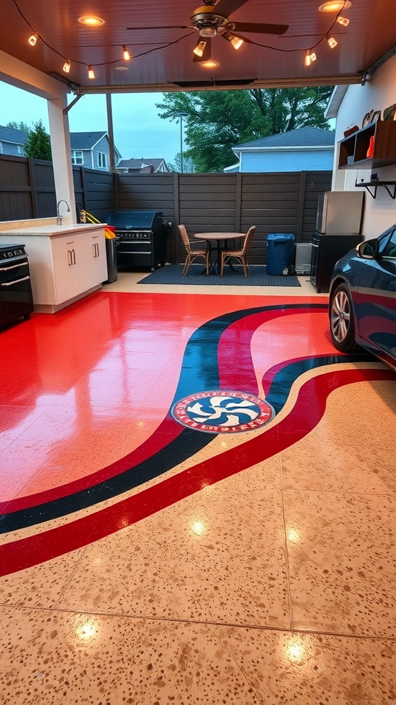 Colorful epoxy floor in an outdoor kitchen space with a dining area and grill