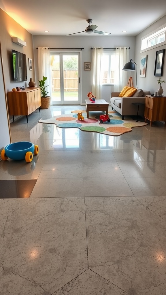 A colorful play area with epoxy flooring, featuring toys and a cozy atmosphere.