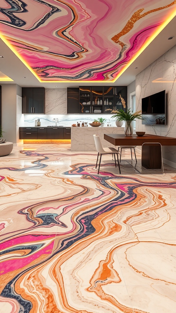 Vibrant epoxy resin floor with colorful swirls in a modern kitchen setting.