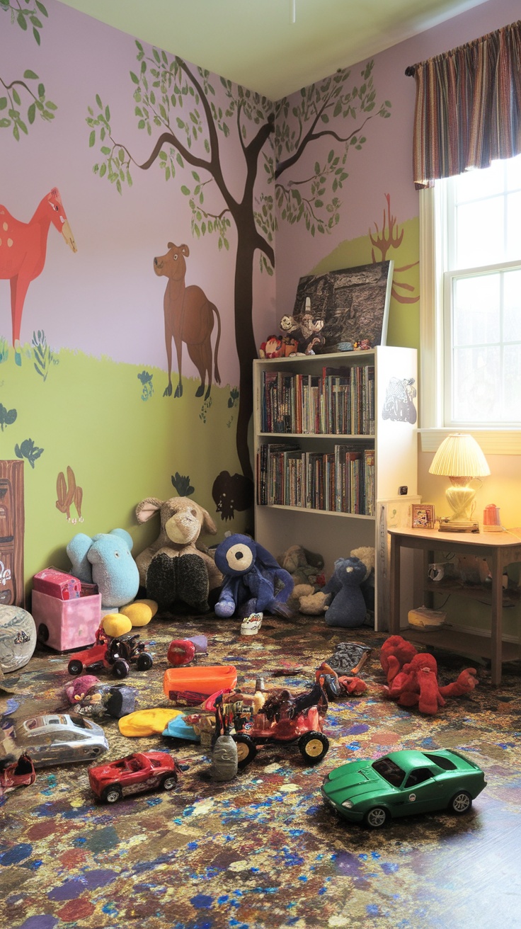 A colorful playroom with toys scattered on epoxy flake flooring and playful wall art.