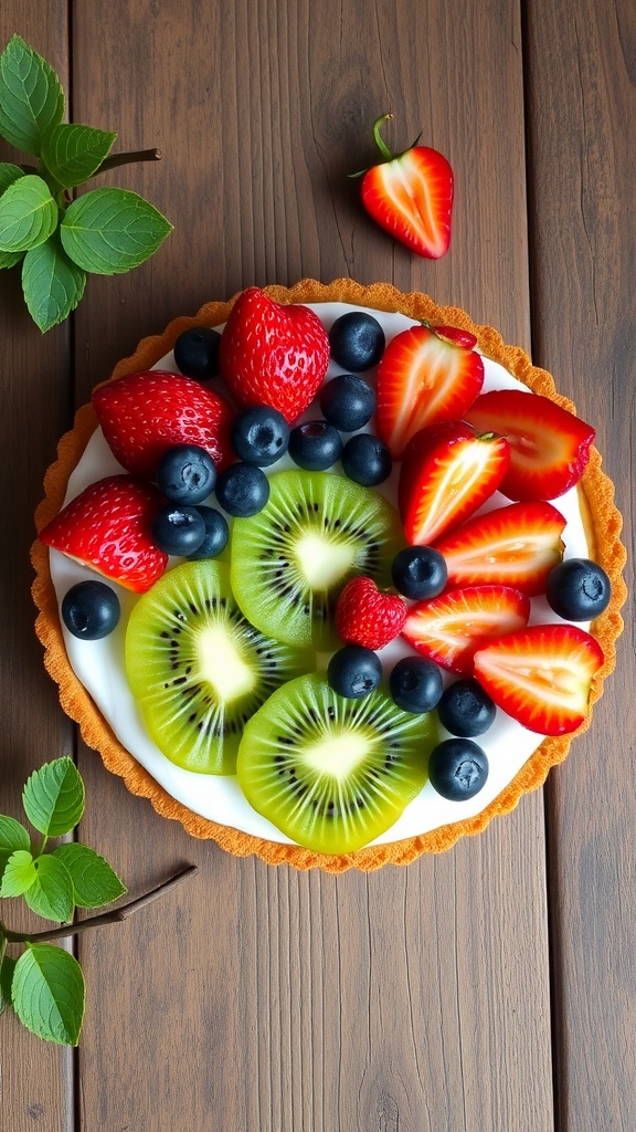 A vibrant fruit tart topped with fresh strawberries, blueberries, and kiwis on a wooden table.