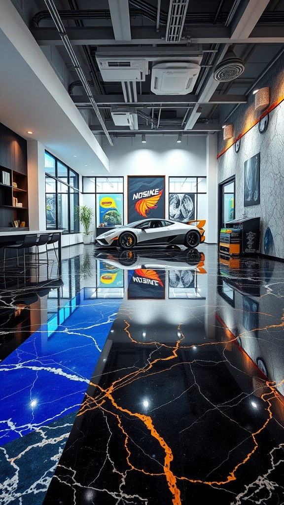 A modern space featuring vibrant epoxy flooring with geometric patterns and a sleek car.