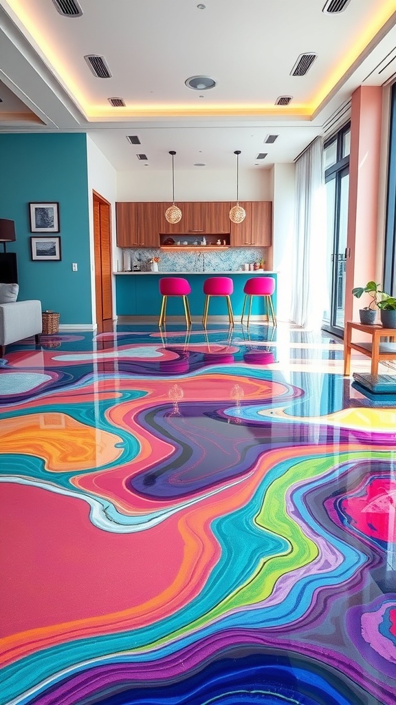 A colorful epoxy floor design featuring vibrant swirling patterns in shades of pink, teal, and purple, set in a modern kitchen space.