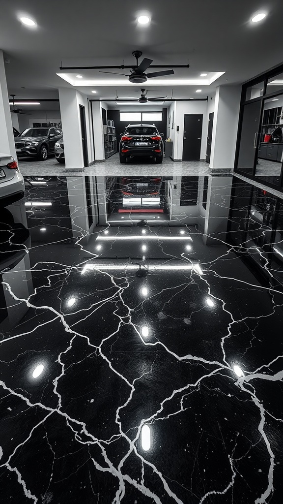 A glossy black marble epoxy floor with white veining in a modern garage setting.