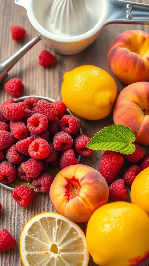 A selection of vibrant fruits including raspberries, peaches, and lemons, ready for a refreshing drink.