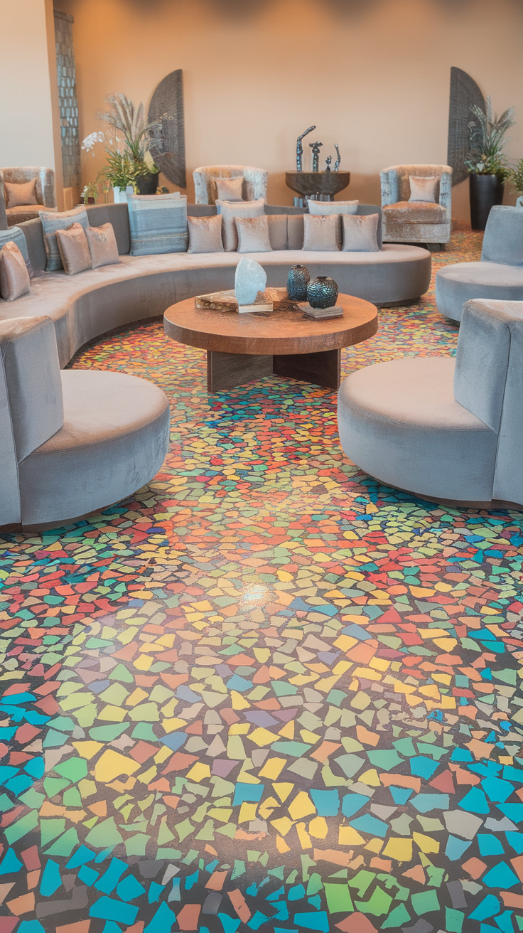 A stylish living room with colorful epoxy floor, round seating, and a wooden coffee table.