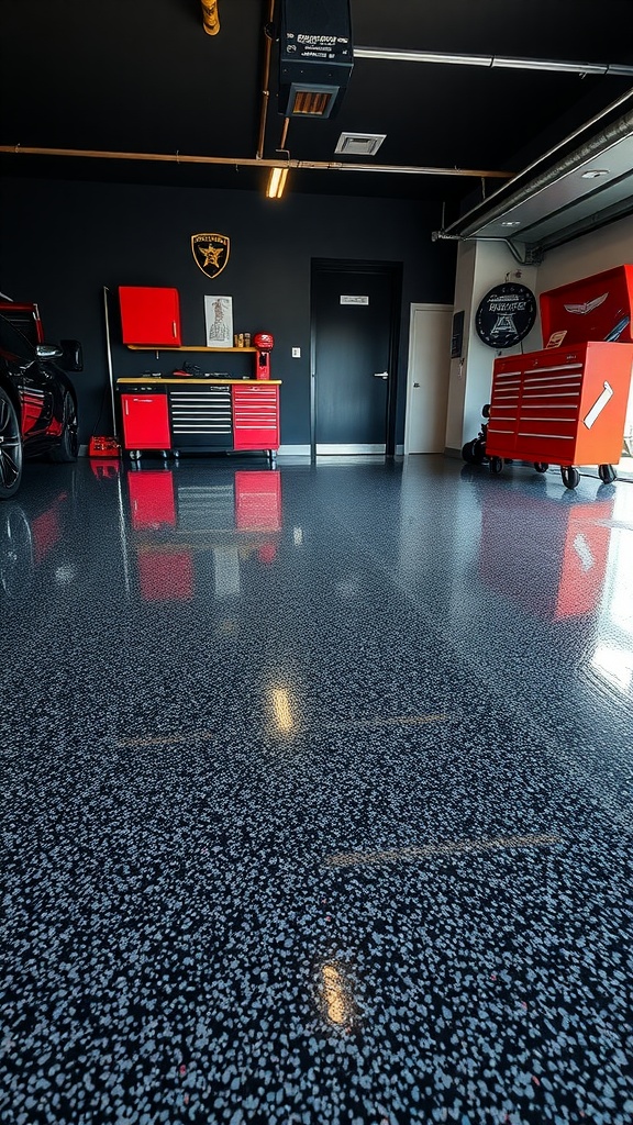 A modern garage featuring an epoxy floor with vibrant colors and flakes.