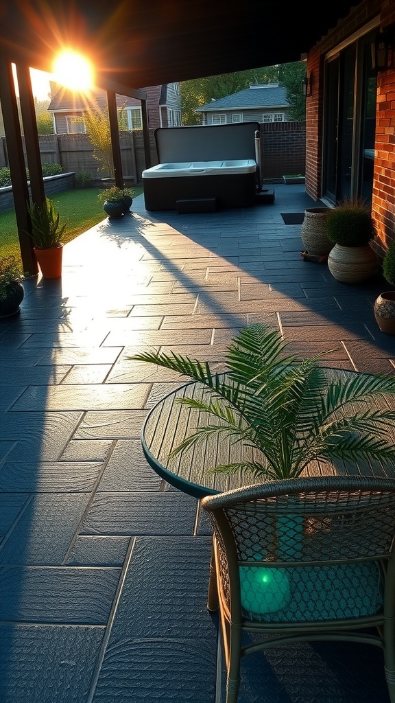 A beautiful patio with an ocean blue epoxy finish, featuring a hot tub and potted plants.