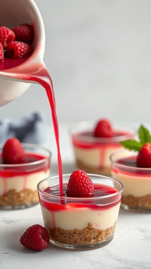 No Bake Lemon Raspberry Cheesecake Cups with raspberry layer and fresh raspberries on top