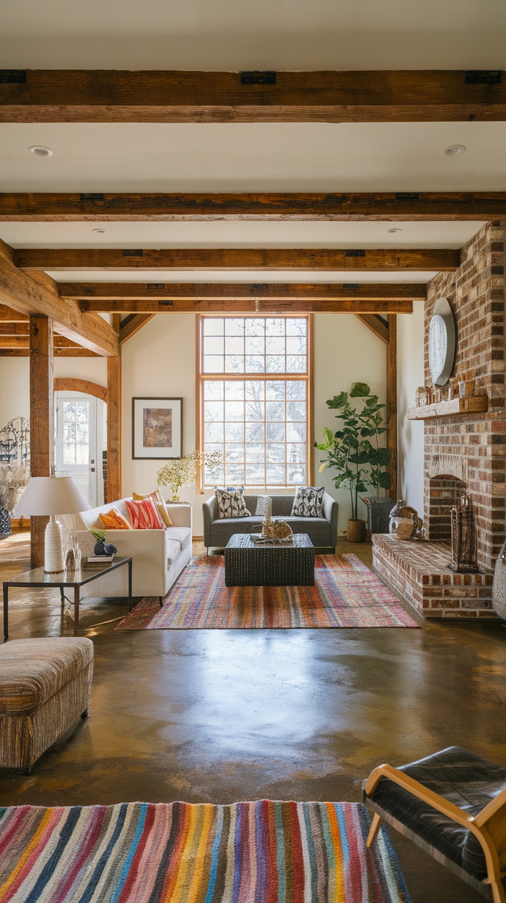 A cozy living room featuring stained concrete floors, wooden beams, and a brick fireplace.