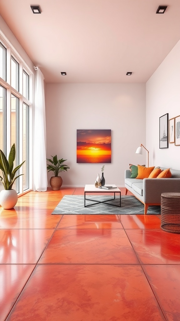 A living room featuring vibrant sunset gradient epoxy flooring with a gray couch, plants, and a coffee table.