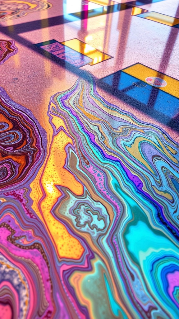 Close-up view of metallic epoxy flooring showcasing vibrant swirls of color.