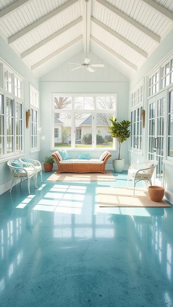 A sunlit room with a teal epoxy floor, large windows, and wicker furniture