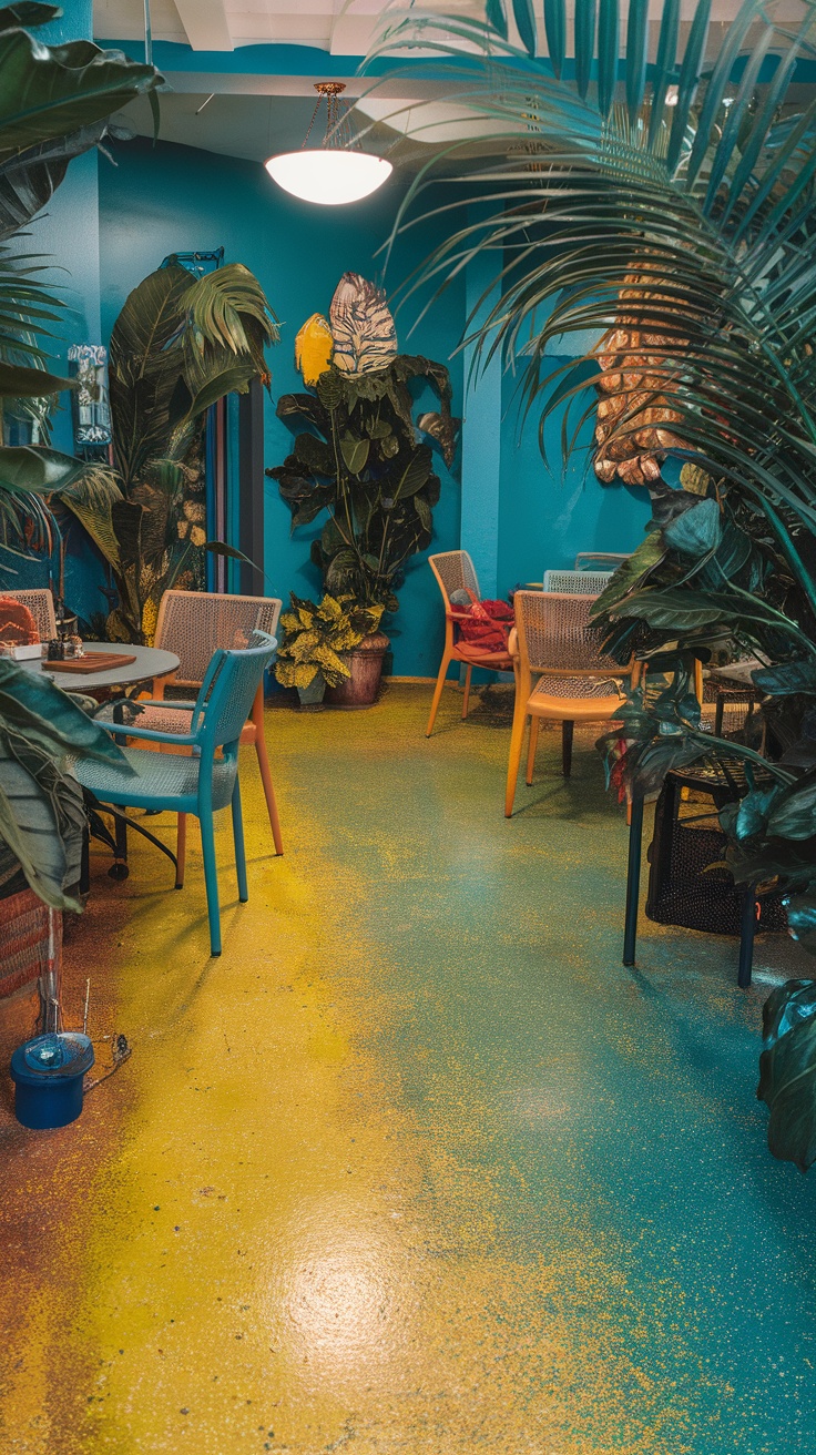 Colorful indoor seating area with tropical plants and vibrant epoxy flake flooring.