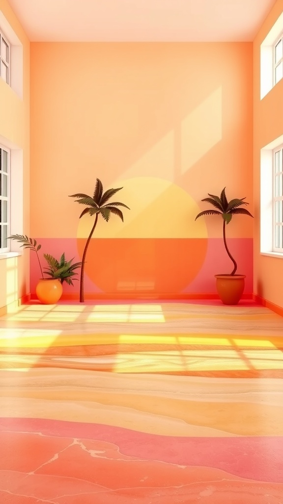 Interior with vibrant sunset epoxy floor and potted plants