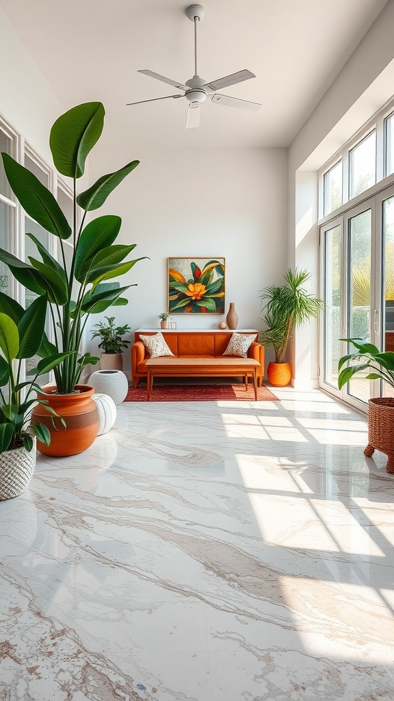 A bright tropical-themed room featuring marble epoxy flooring, vibrant plants, and a cozy orange sofa.