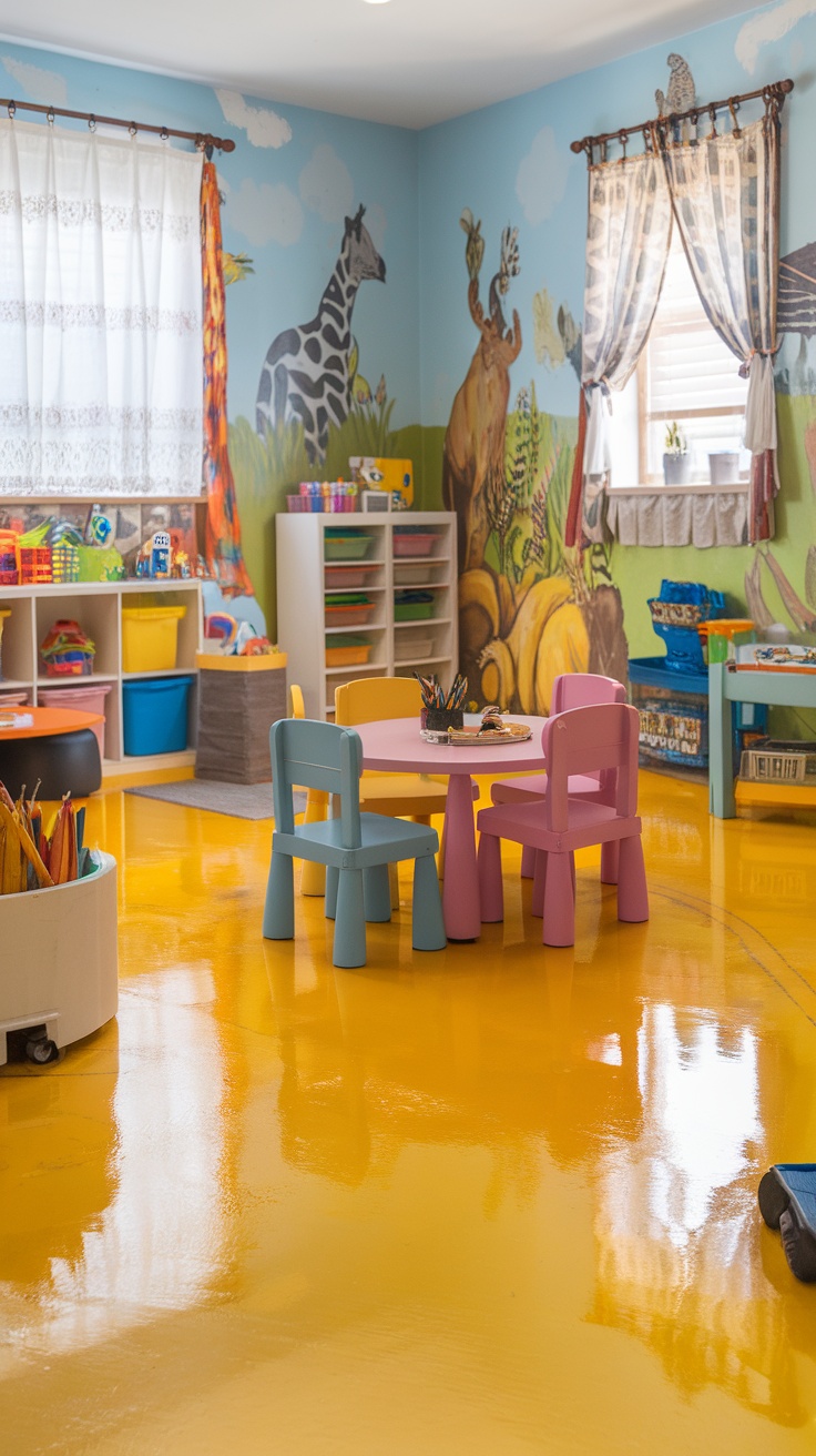 A bright yellow epoxy floor in a colorful room with children's furniture and animal murals.