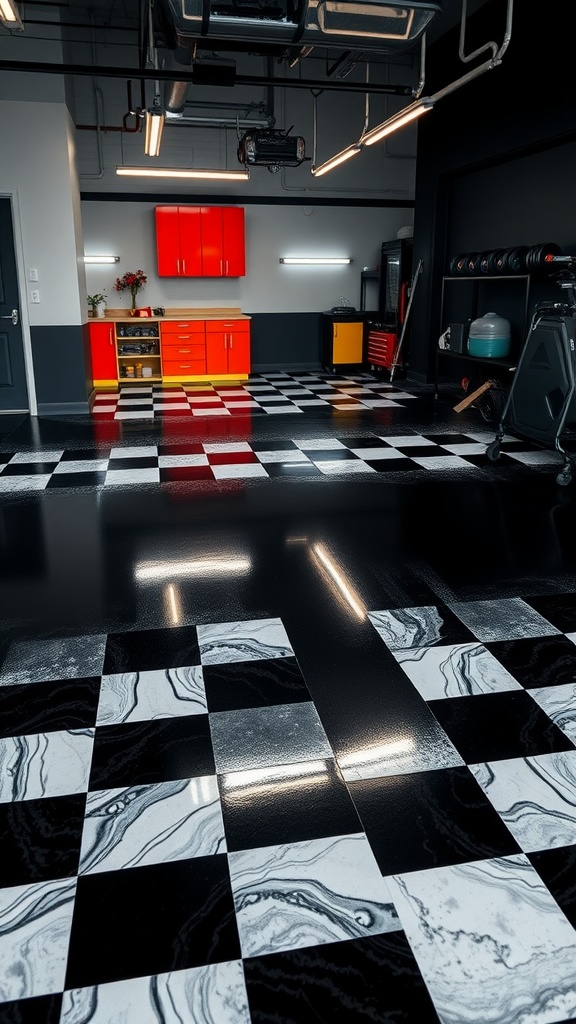 A modern garage featuring a vintage-inspired checkerboard epoxy floor with black and white tiles.