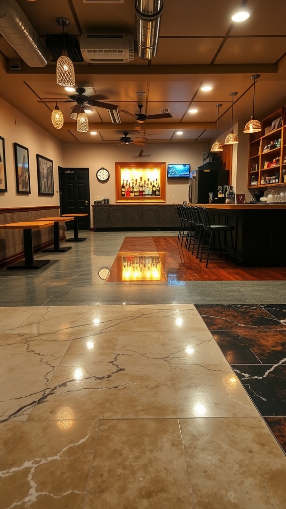 A stylish home bar with vintage-inspired epoxy flooring, featuring a polished resin floor that resembles marble.