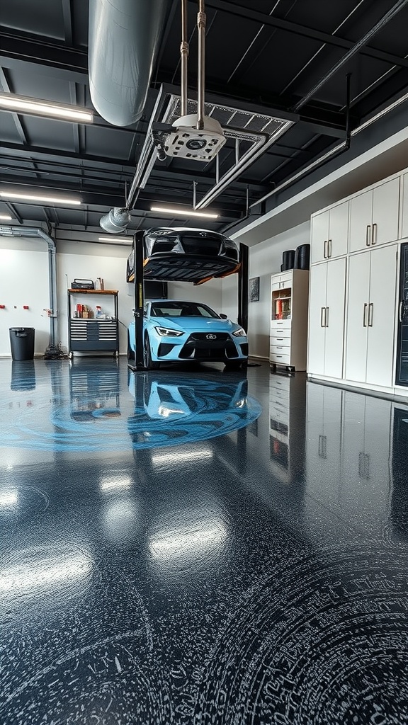 A modern garage featuring a stylish gray epoxy floor with a vintage-inspired design.