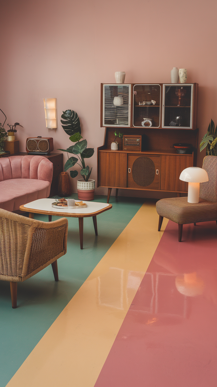 Cozy living room with vintage-inspired epoxy floor colors.