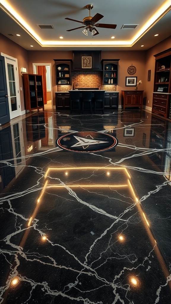 A stylish black marble epoxy floor with white veining, featuring ambient lighting and a modern design.