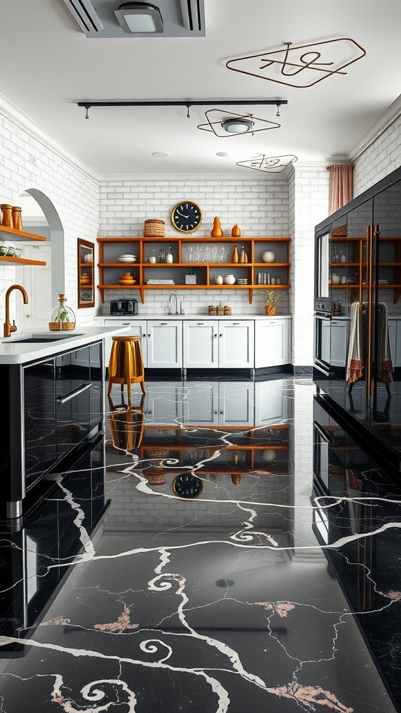 A stylish kitchen featuring a black epoxy floor with white and gold swirls, complemented by modern decor.