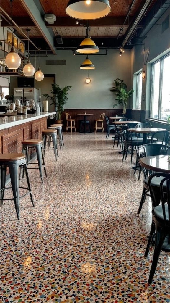 A stylish cafe interior featuring a colorful terrazzo epoxy floor with wooden bar and modern furniture.