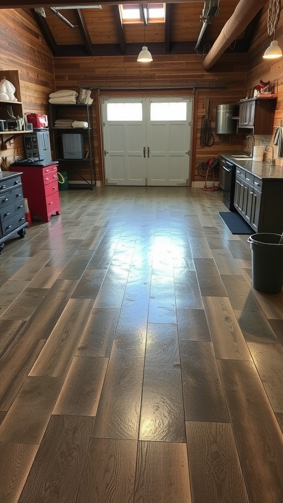 Epoxy floor with a vintage barn board effect showcasing gray tones resembling aged wood.