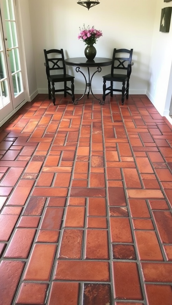 Interior view of a modern bathroom featuring vintage brick effect epoxy flooring with a blend of warm and white tones.