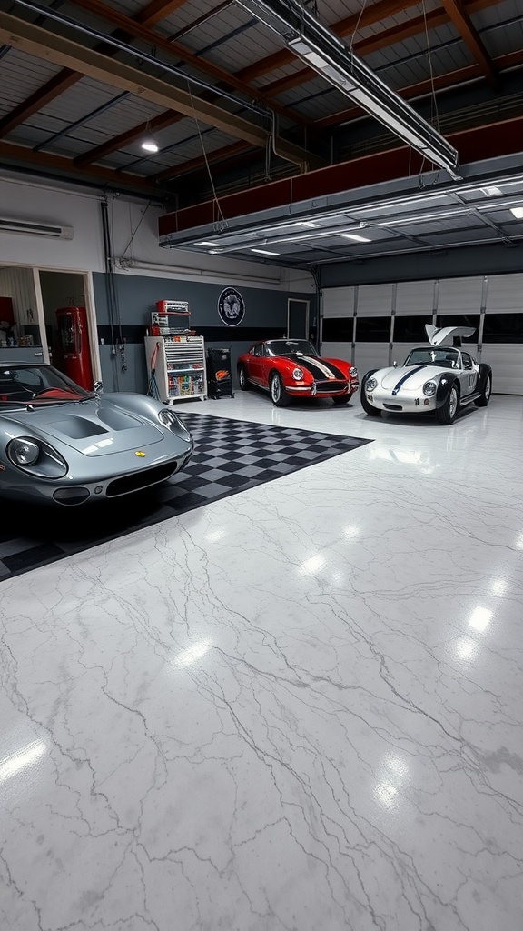 A stylish garage featuring a luxurious epoxy floor with vintage cars, showcasing a modern design.