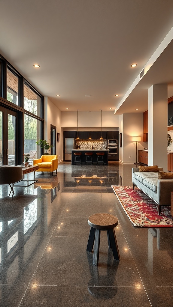 Modern living room with epoxy floors, showcasing vintage and contemporary furniture.